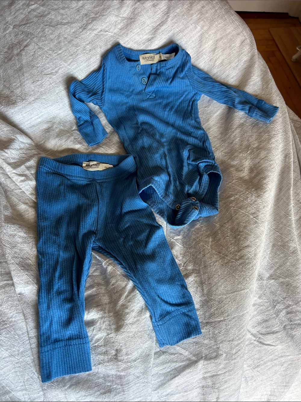 MarMar Copenhagen Blue Ribbed Infant Onesie and matching pant set